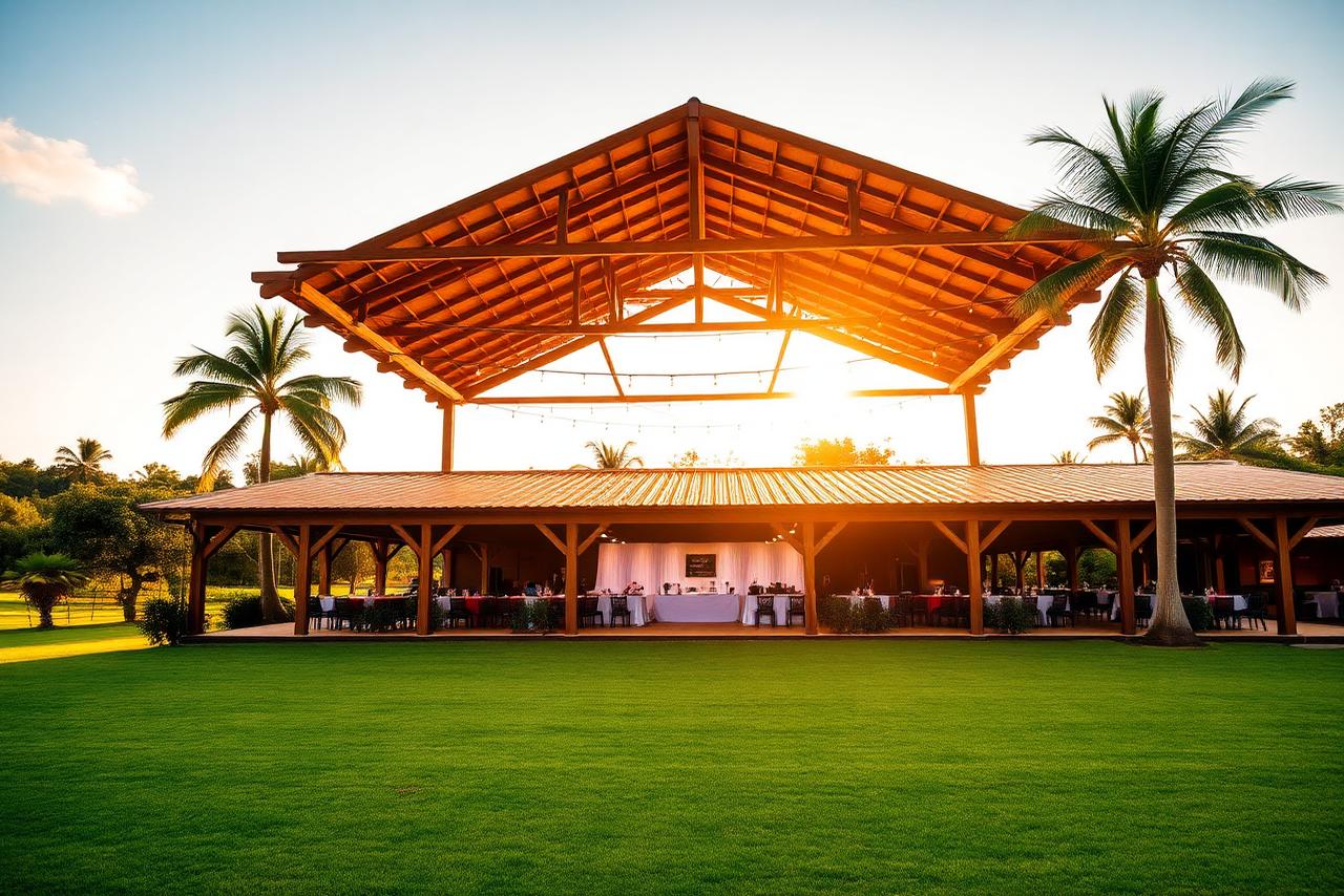 Salão de eventos coberto da Granja do Didi ao entardecer