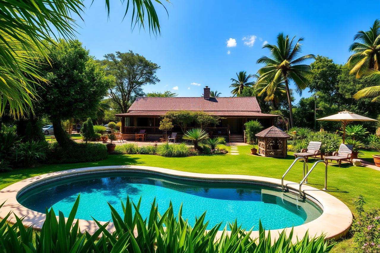 Jardim e piscina da Granja do Didi em dia ensolarado